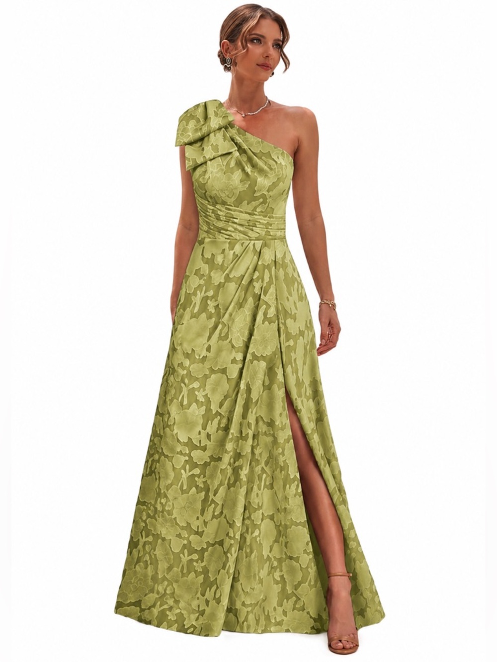 One Shoulder Spring Sage Green Jacquard Gown Bow Detail Slit Maxi NWT Size 12